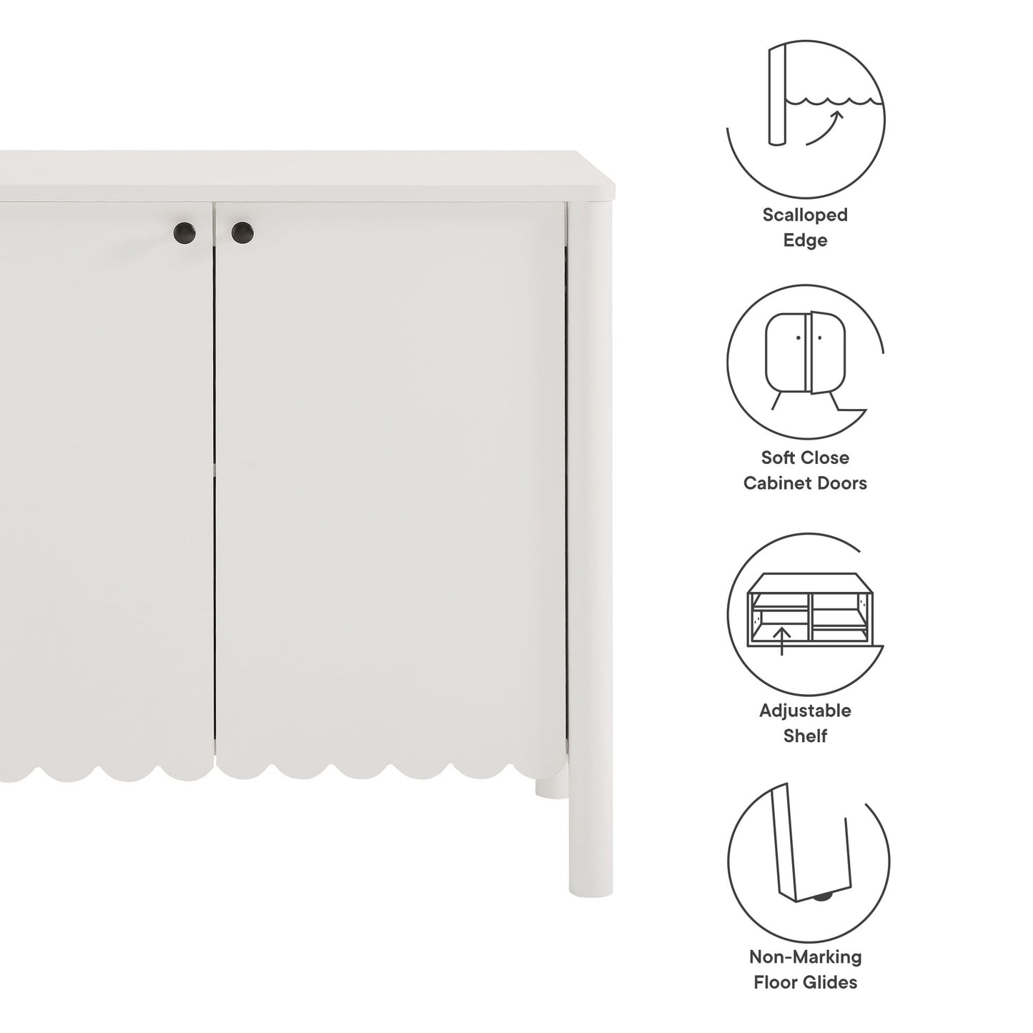 White cabinet with scalloped edge, two doors with round knobs, soft-close doors, adjustable shelf, non-marking floor glides.