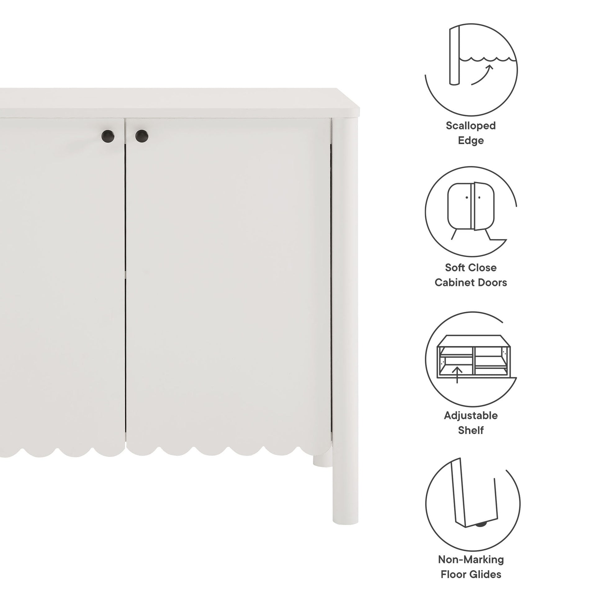 White cabinet with scalloped edge, two doors with round knobs, soft-close doors, adjustable shelf, non-marking floor glides.