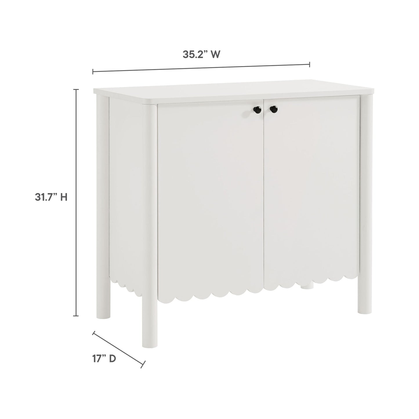White wood storage cabinet with scalloped apron, two doors with knobs, cylindrical legs; 35.2W x 31.7H x 17D; cottage style.