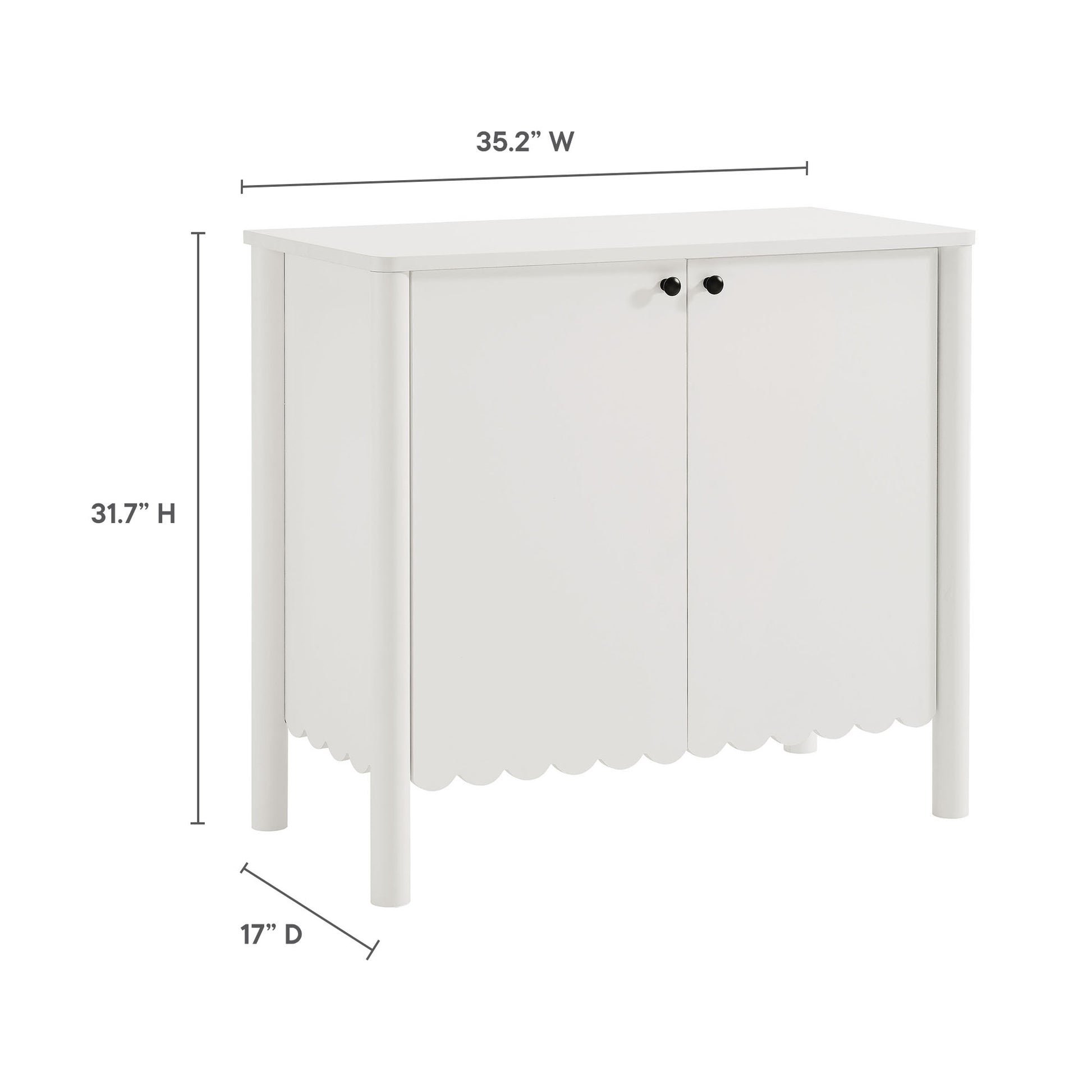 White wood storage cabinet with scalloped apron, two doors with knobs, cylindrical legs; 35.2W x 31.7H x 17D; cottage style.