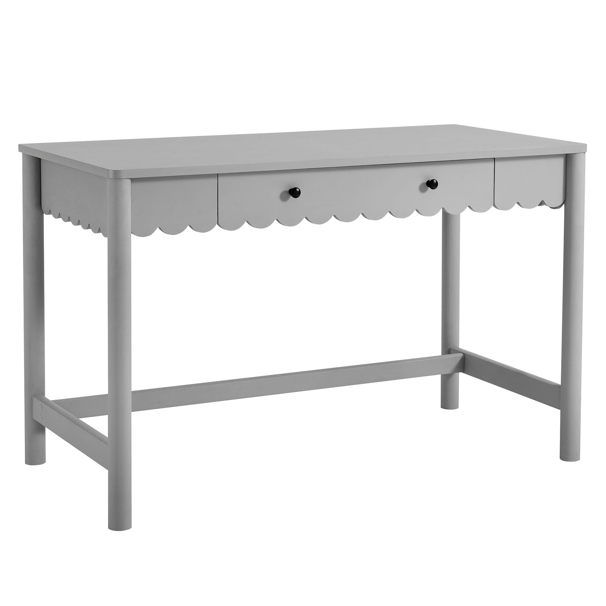 Light gray writing desk with a scalloped apron and 1 drawer, straight legs and lower crossbars.