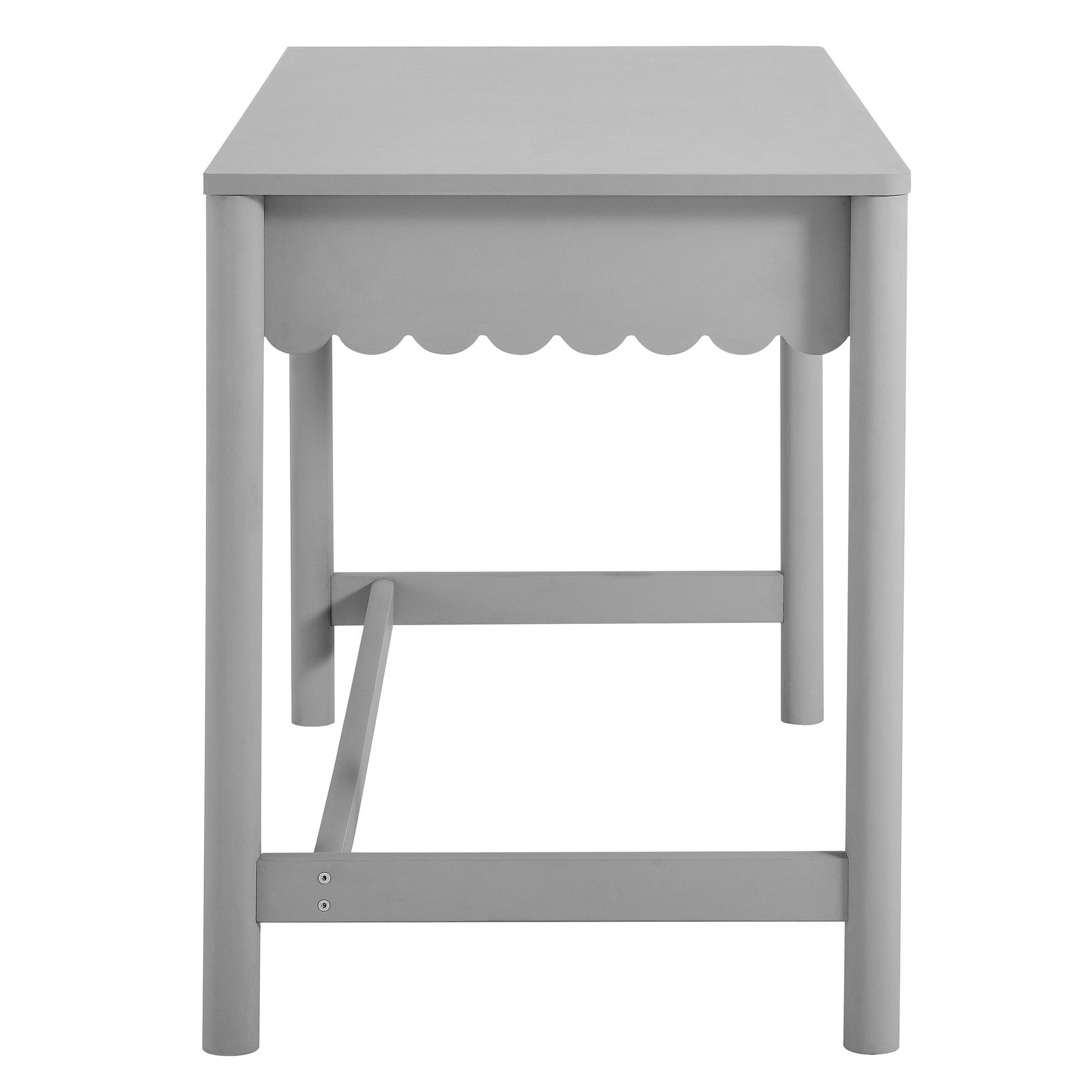 Gray wooden writing desk with scalloped front apron, 1 drawer, straight legs, and a lower crossbar brace.
