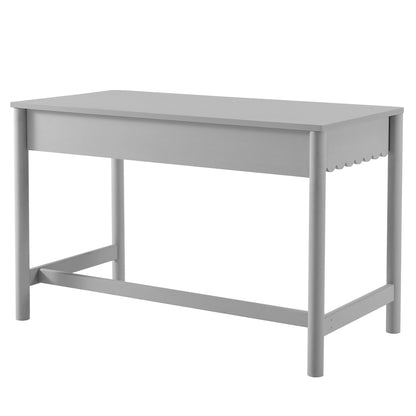 Light gray desk with a shallow front drawer, straight legs, and scalloped trim.