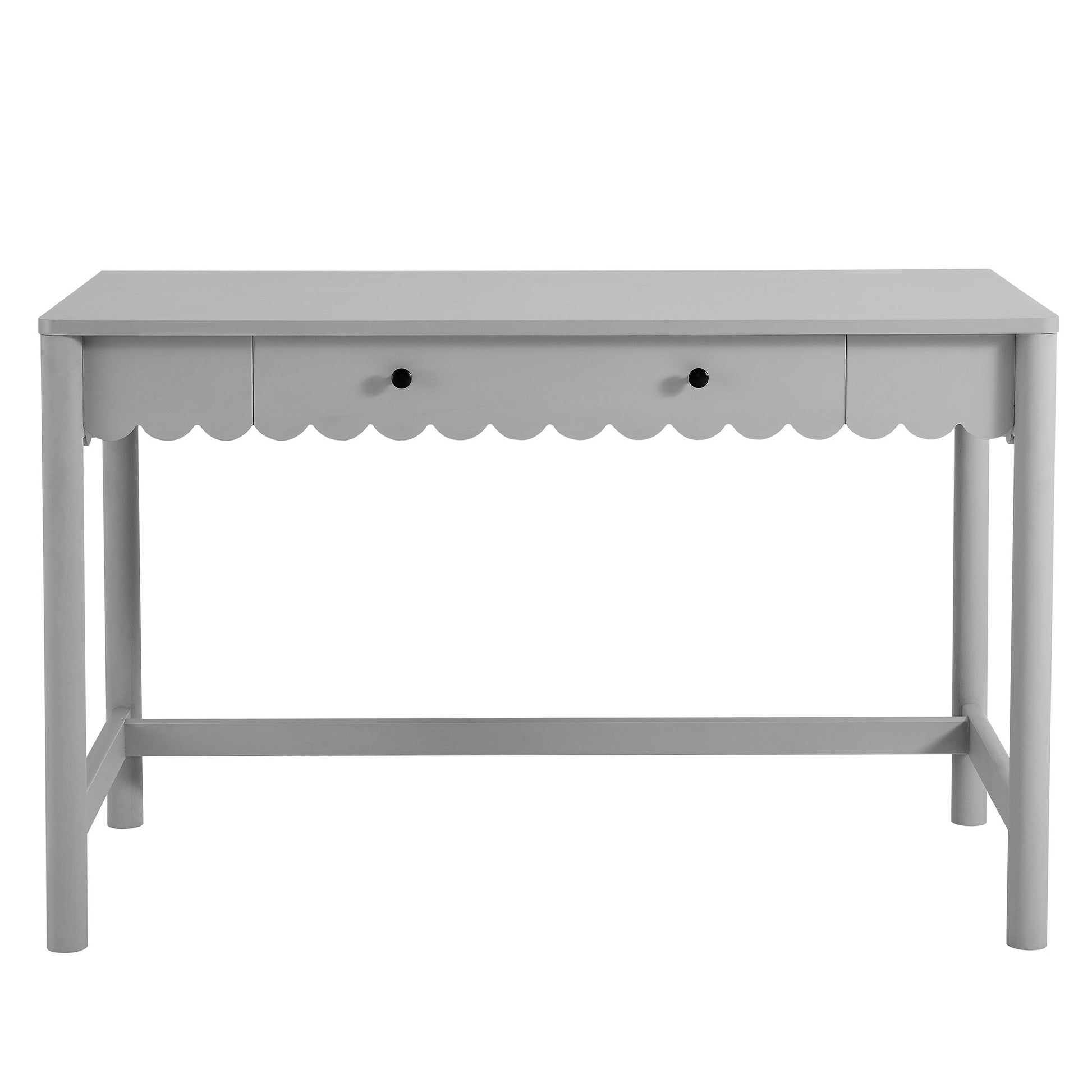 Light gray writing desk with a scalloped apron, one drawer with a knob, and a lower shelf.