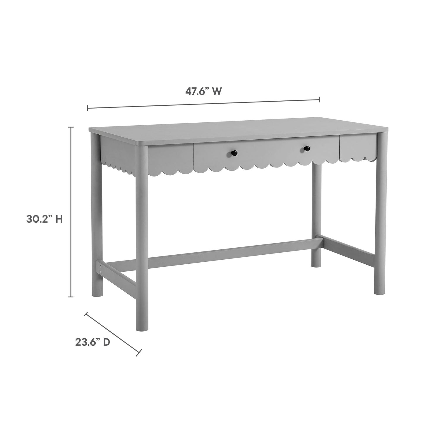 Grey scalloped writing desk with 1 drawer; 47.6W x 30.2H x 23.6D.