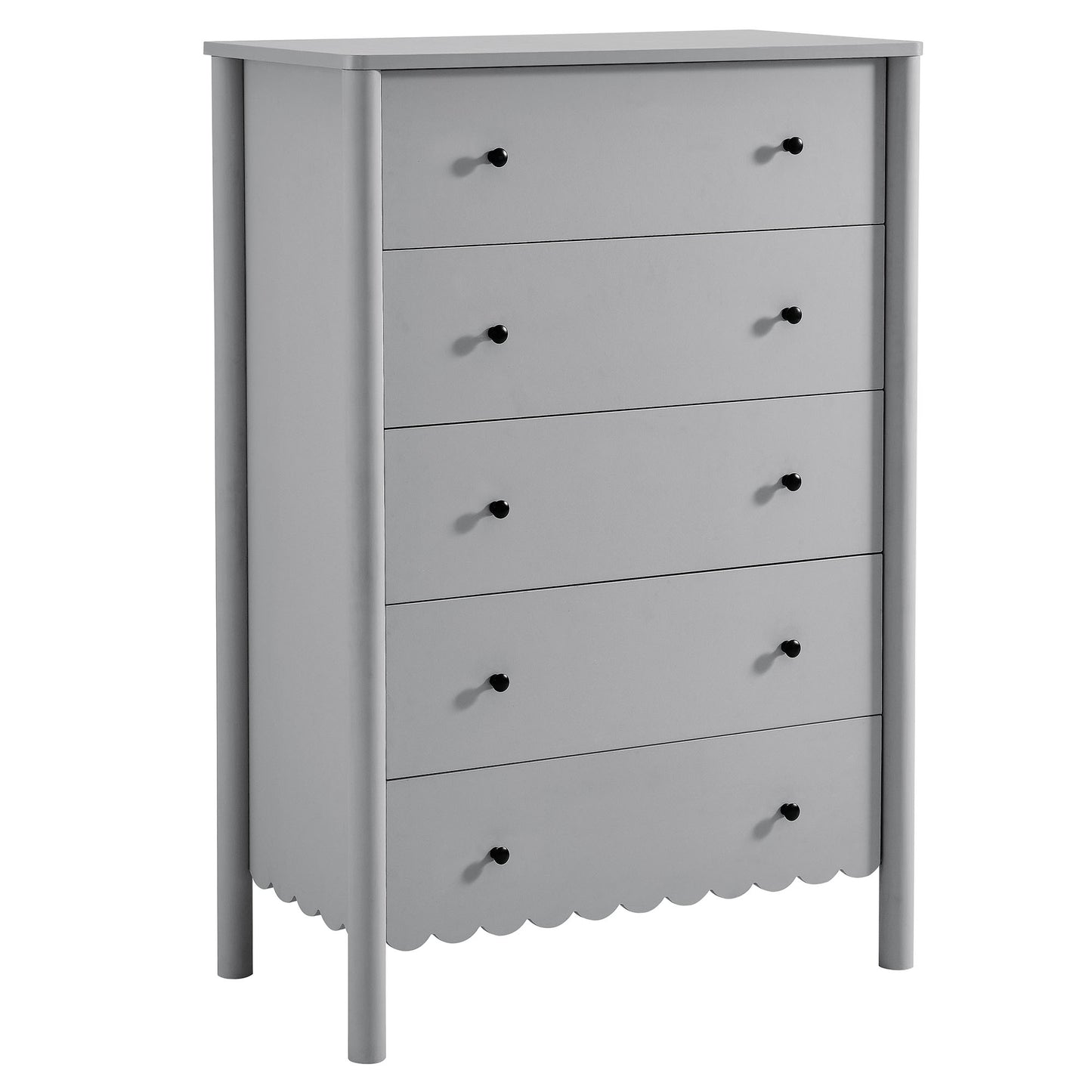 Light gray wooden five-drawer dresser with black knobs, scalloped bottom apron, and slim straight legs.