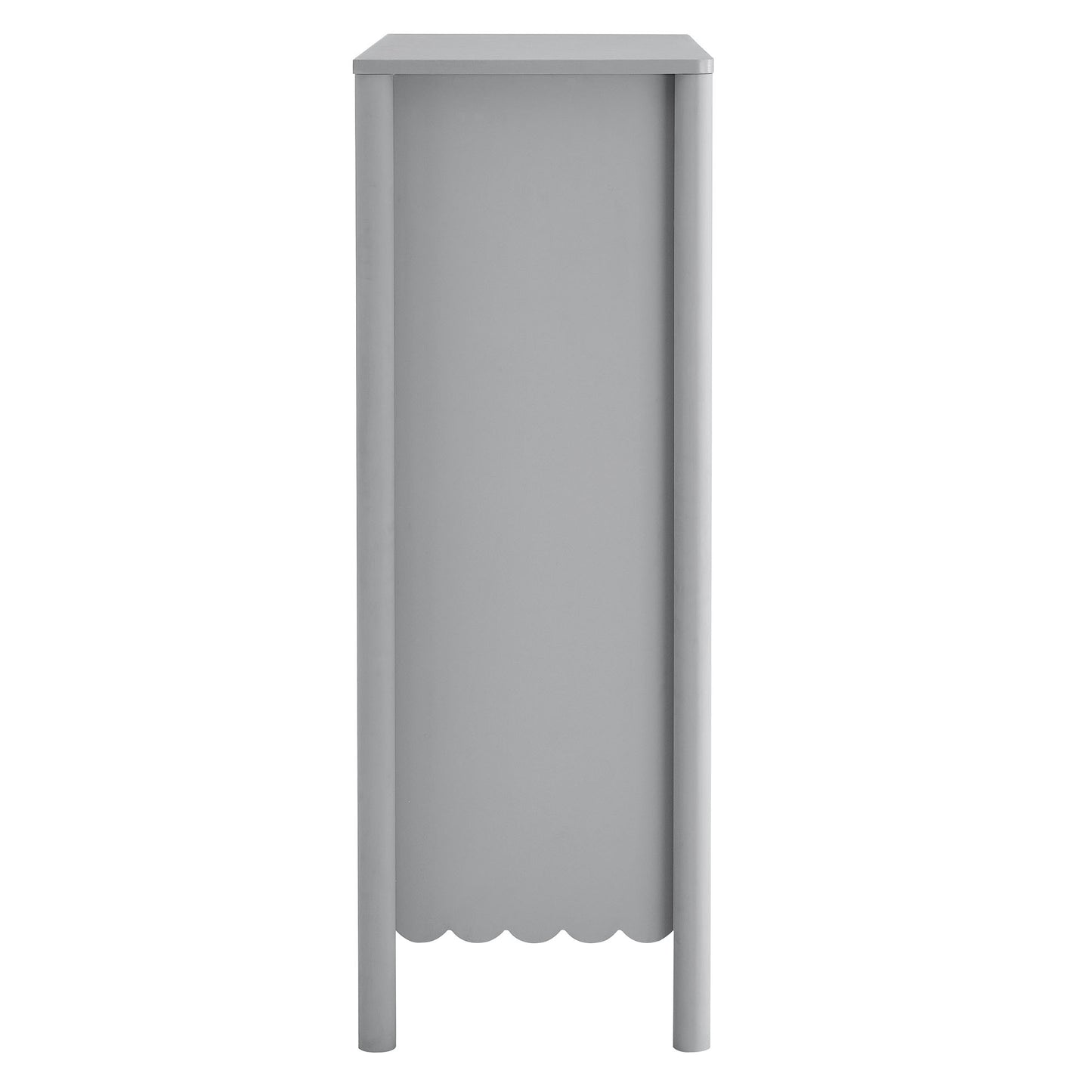 Gray five-drawer chest with scalloped drawer fronts.