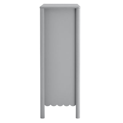 Gray five-drawer chest with scalloped drawer fronts.