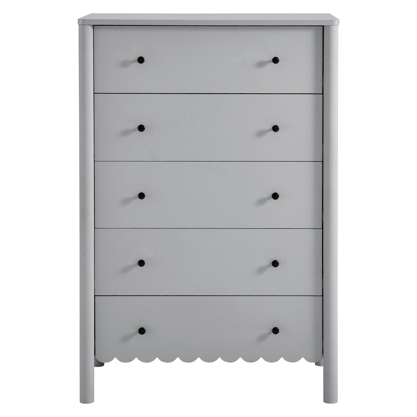 Light gray wooden tall dresser with five drawers, black round knobs, and a scalloped bottom edge.