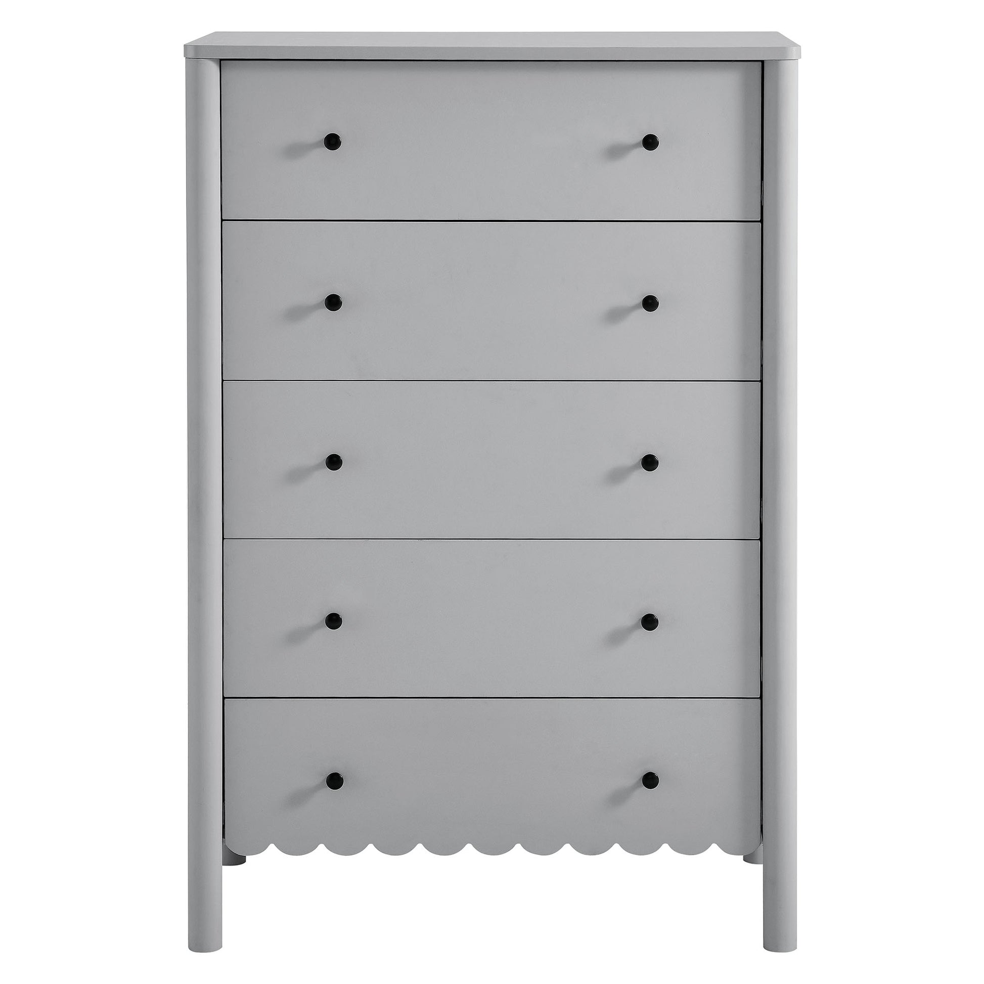 Light gray wooden tall dresser with five drawers, black round knobs, and a scalloped bottom edge.