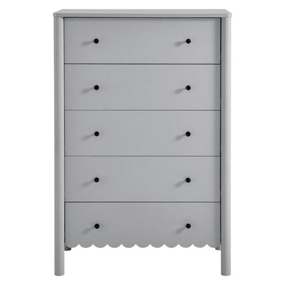 Light gray wooden tall dresser with five drawers, black round knobs, and a scalloped bottom edge.