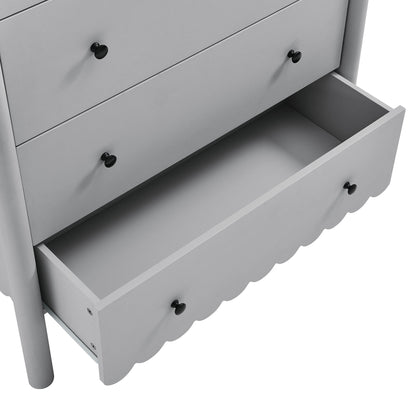 Light gray 5-drawer chest with black knobs; scalloped-front bottom drawer pulled open.