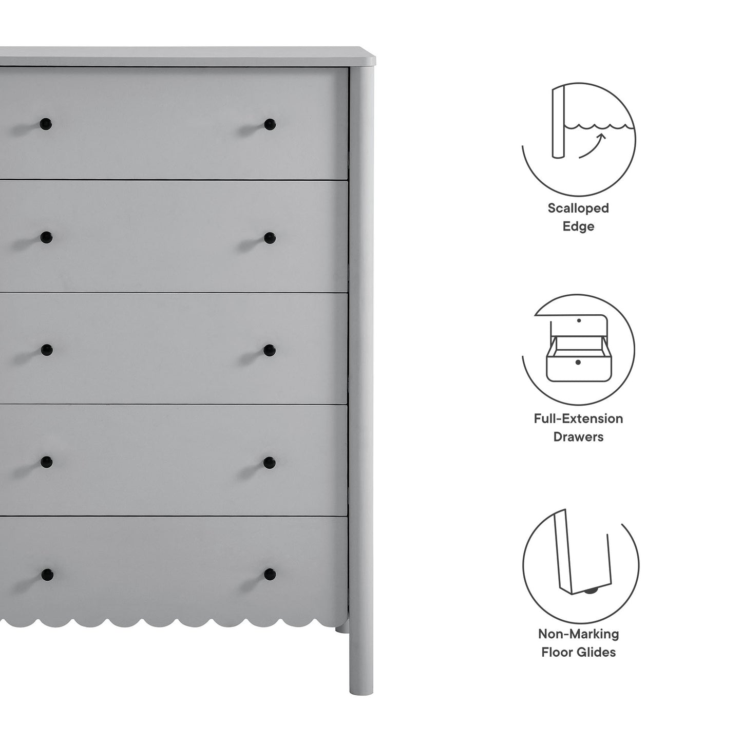 Gray wooden chest with five drawers, black knobs, & scalloped bottom edge.