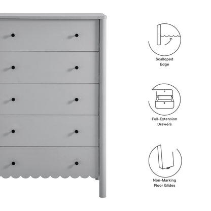 Gray wooden chest with five drawers, black knobs, & scalloped bottom edge.