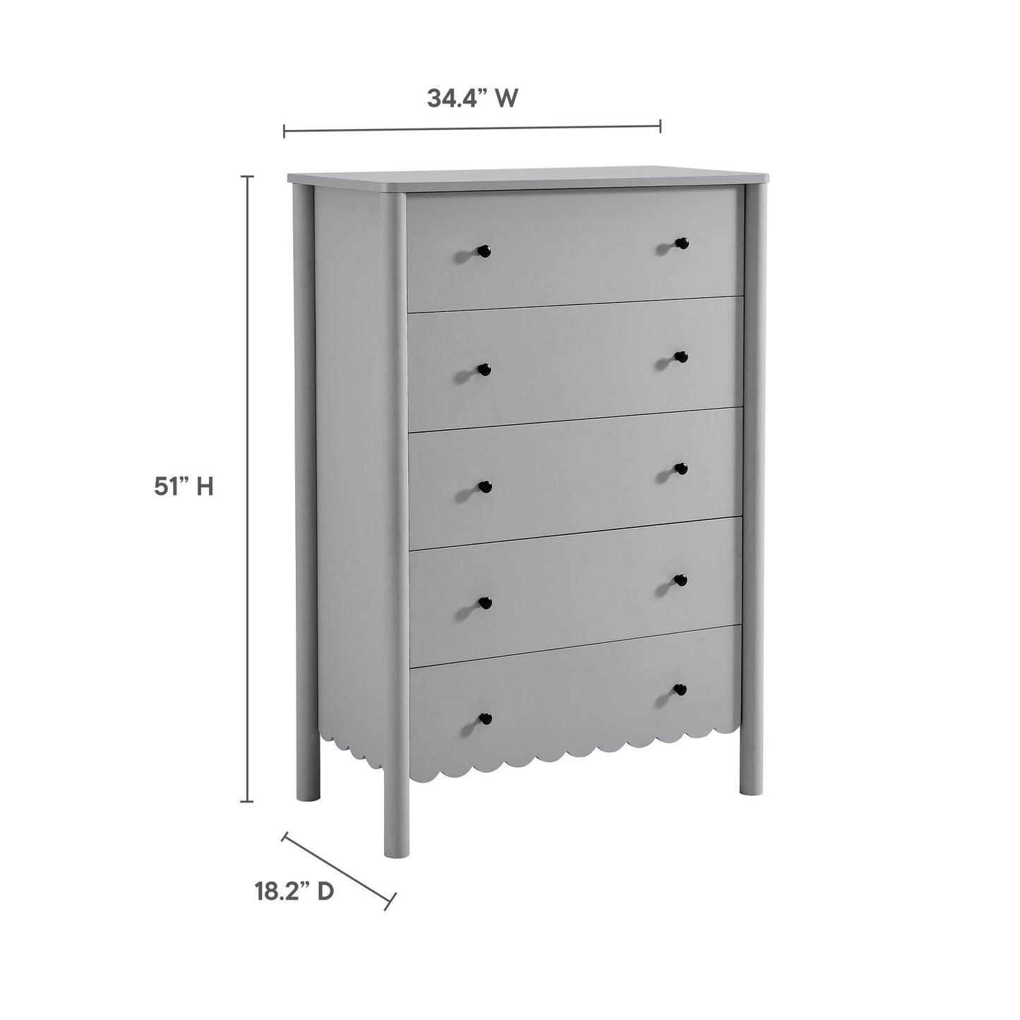 Light gray wooden five-drawer dresser with scalloped apron, round black pulls, tall legs—cottage style bedroom storage.