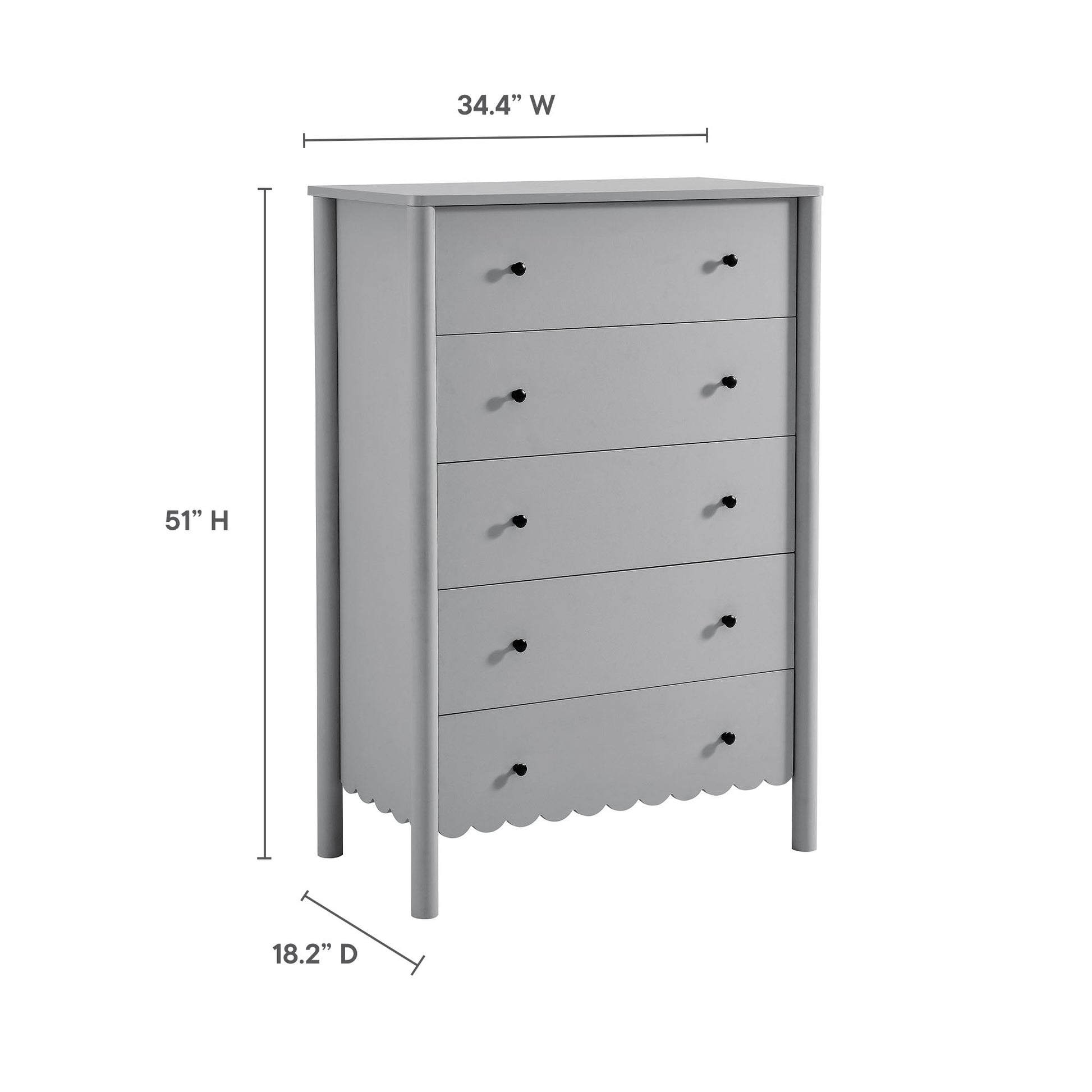 Light gray wooden five-drawer dresser with scalloped apron, round black pulls, tall legs—cottage style bedroom storage.