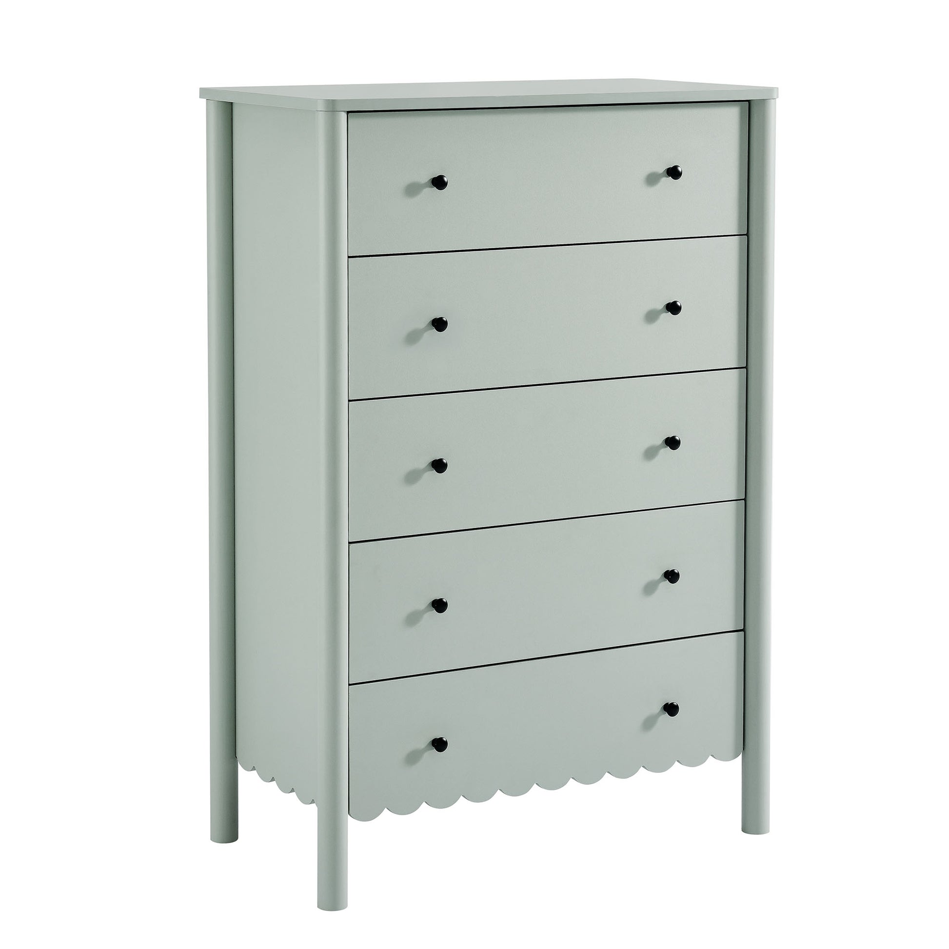 Mint green five-drawer chest with black knobs and a scalloped bottom apron.