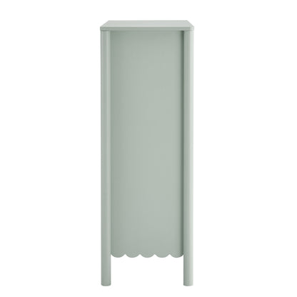 Tall sage green 5-drawer chest with scalloped bottom edge, smooth front panels, and slim legs.