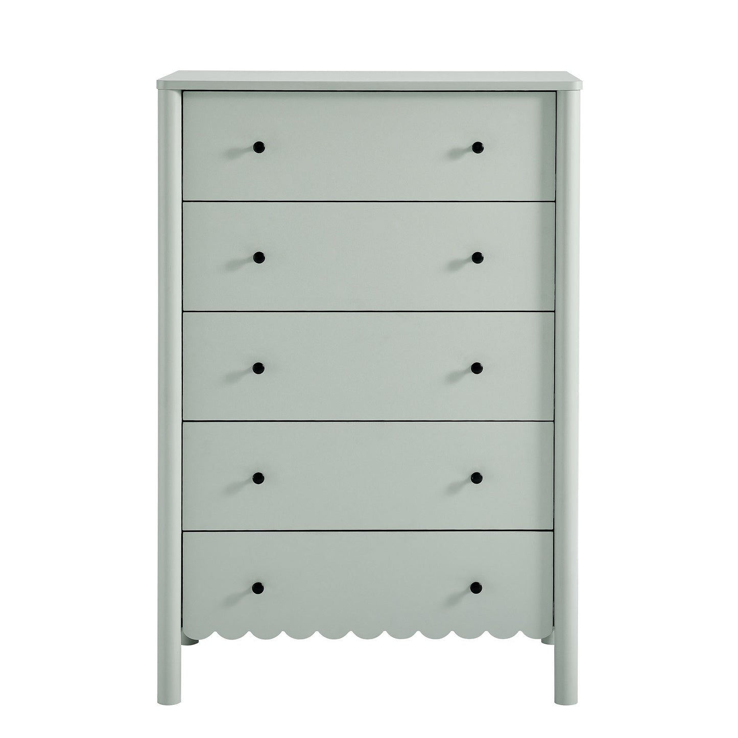 Green five-drawer chest with scalloped bottom edge, slim frame, and black knobs in a contemporary minimalist style.