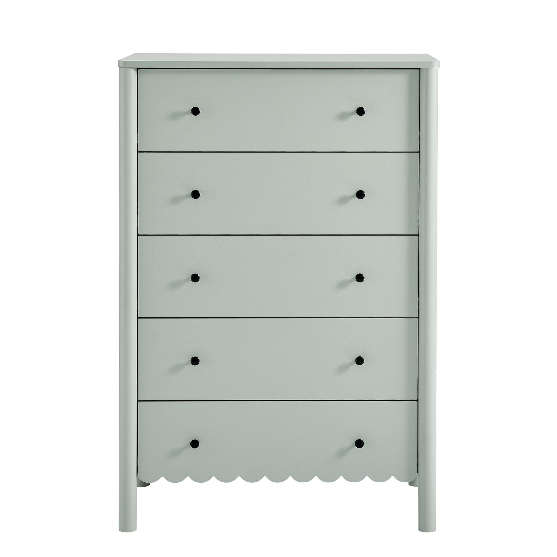 Green five-drawer chest with scalloped bottom edge, slim frame, and black knobs in a contemporary minimalist style.