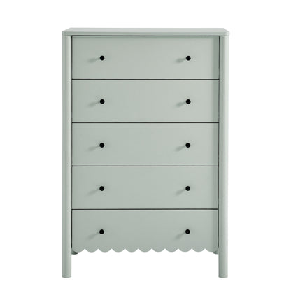 Green five-drawer chest with scalloped bottom edge, slim frame, and black knobs in a contemporary minimalist style.