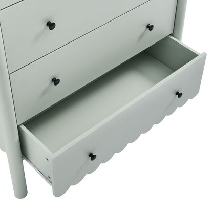 Green scalloped-front 5-drawer chest with bottom drawer pulled open.