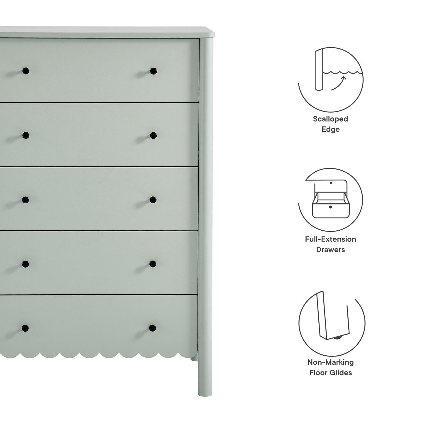 Green scalloped-edge 5-drawer chest with black knobs, full-extension drawers and non-marking floor glides.