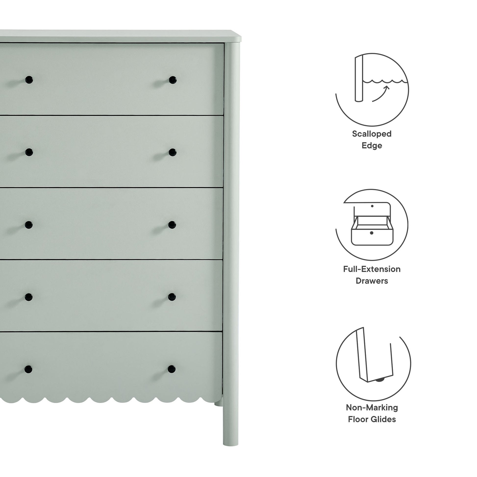 Green scalloped-edge 5-drawer chest with black knobs, full-extension drawers and non-marking floor glides.