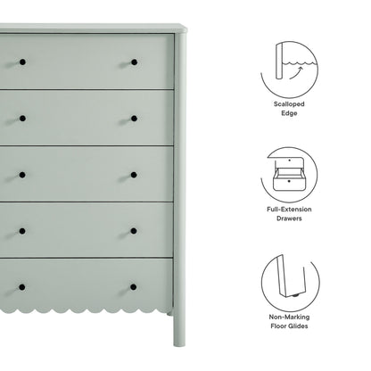 Green scalloped-edge 5-drawer chest with black knobs, full-extension drawers and non-marking floor glides.