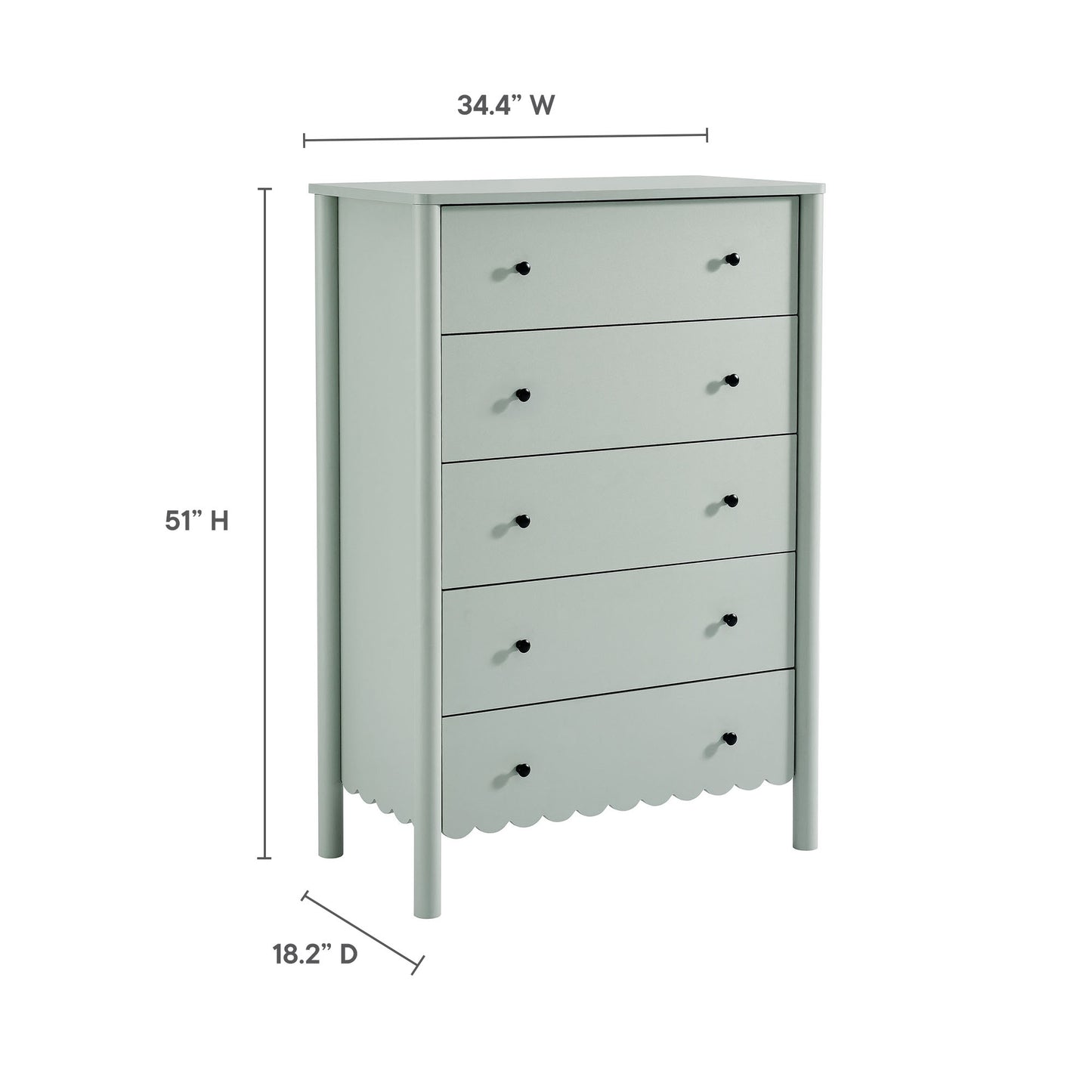Light gray five-drawer dresser with scalloped apron, round dark knobs, wood construction, modern farmhouse style; 34.4W x 51H x 18.2D