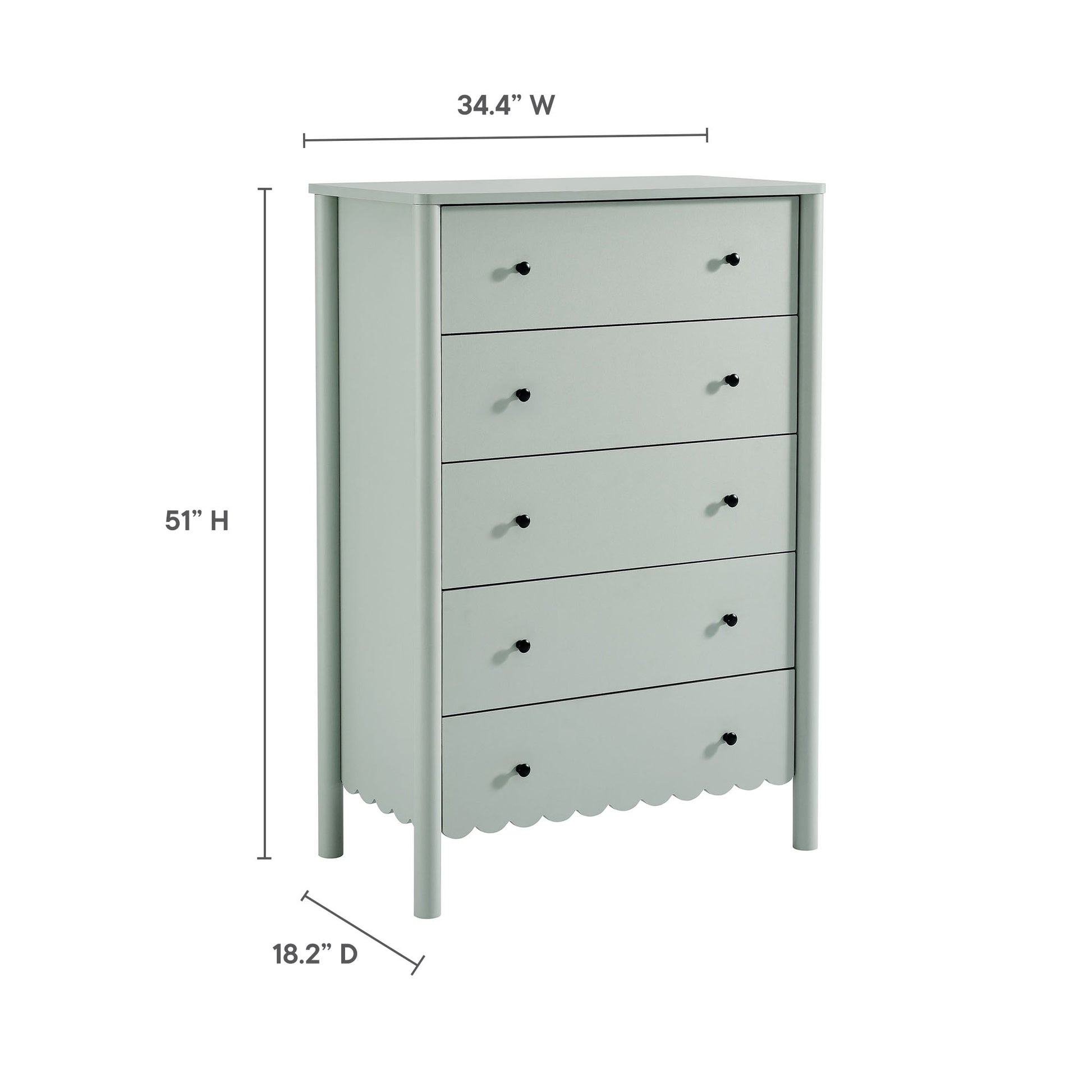 Light gray five-drawer dresser with scalloped apron, round dark knobs, wood construction, modern farmhouse style; 34.4W x 51H x 18.2D