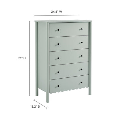 Light gray five-drawer dresser with scalloped apron, round dark knobs, wood construction, modern farmhouse style; 34.4W x 51H x 18.2D