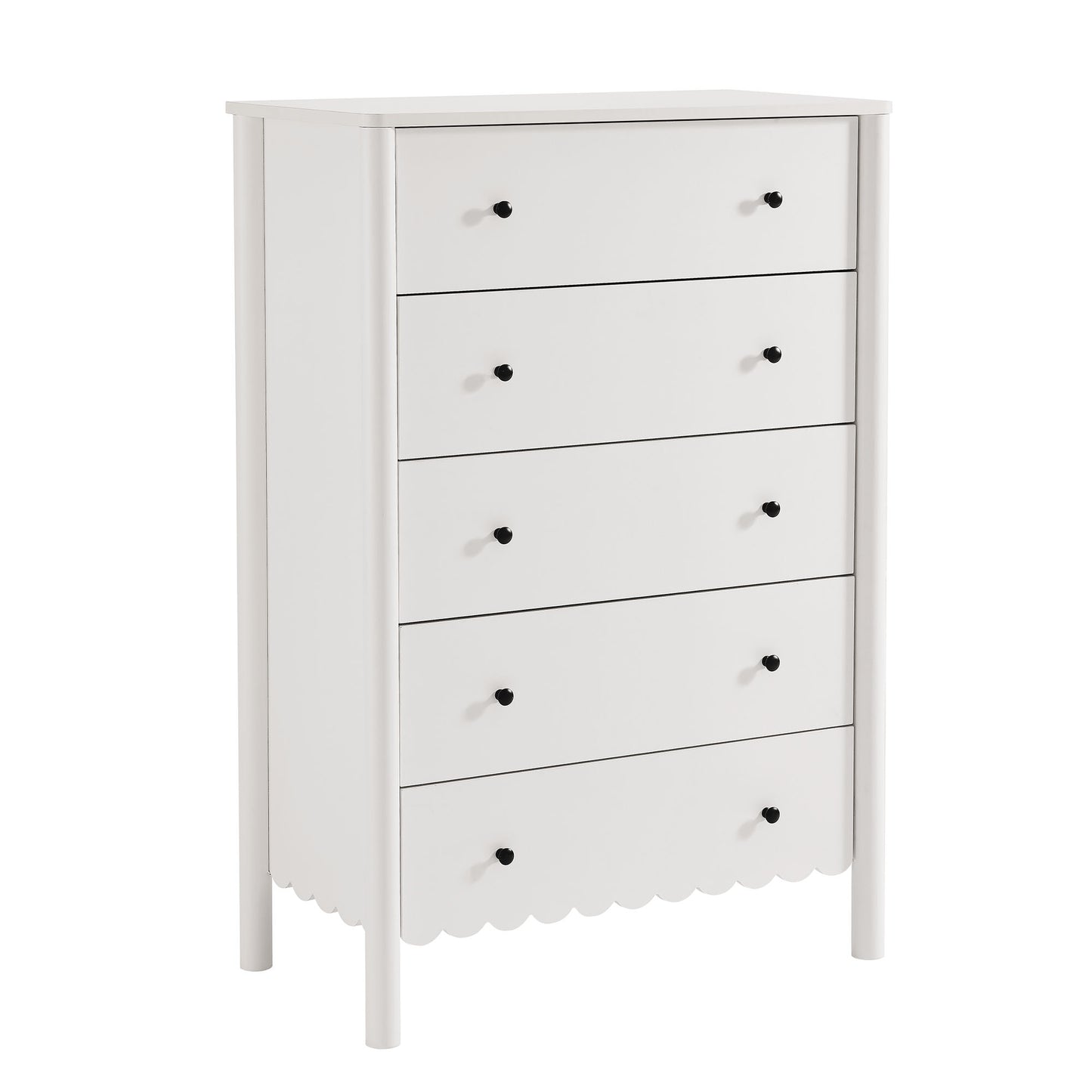 White wooden scalloped 5-drawer chest with round black knobs