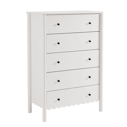 White wooden scalloped 5-drawer chest with round black knobs
