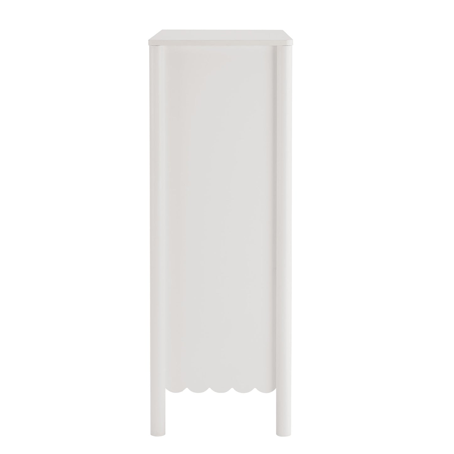 Tall white wooden 5-drawer chest with scalloped bottom edge and slender legs.