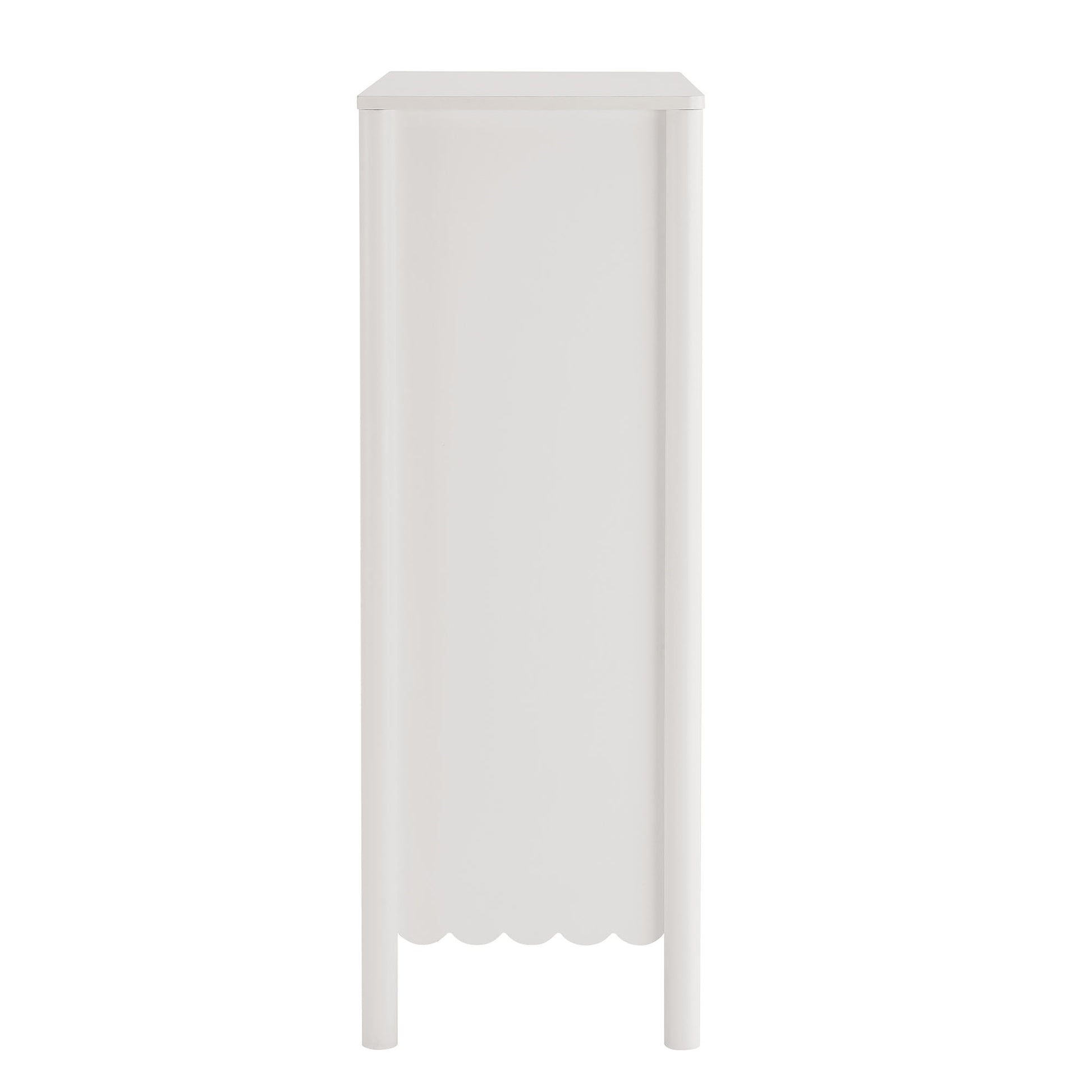Tall white wooden 5-drawer chest with scalloped bottom edge and slender legs.