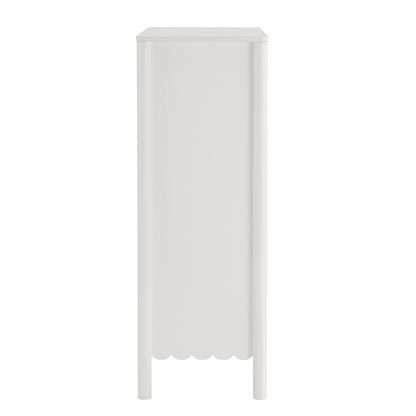 Tall white wooden 5-drawer chest with scalloped bottom edge and slender legs.
