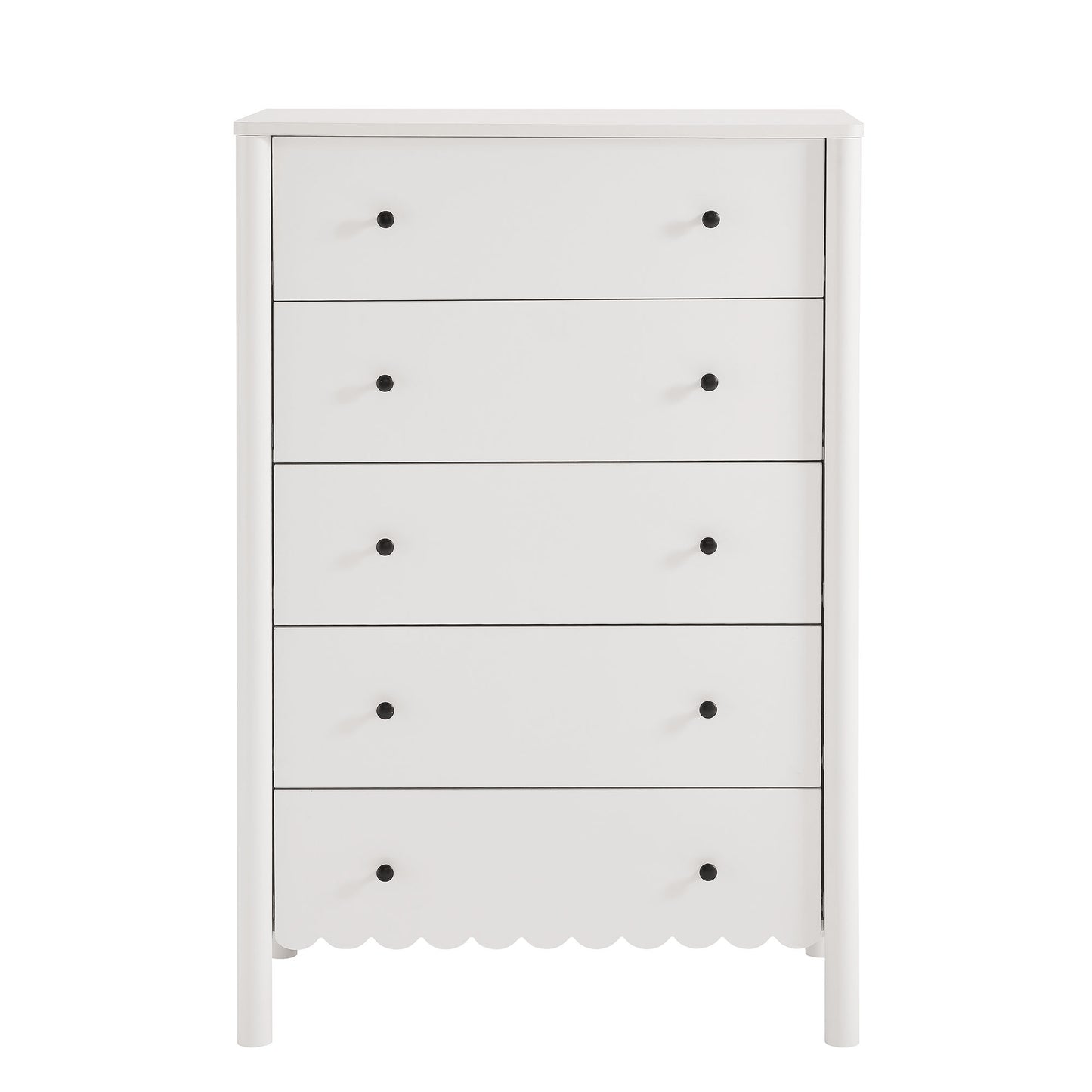 White wooden five-drawer chest with black knob handles and scalloped bottom edge.