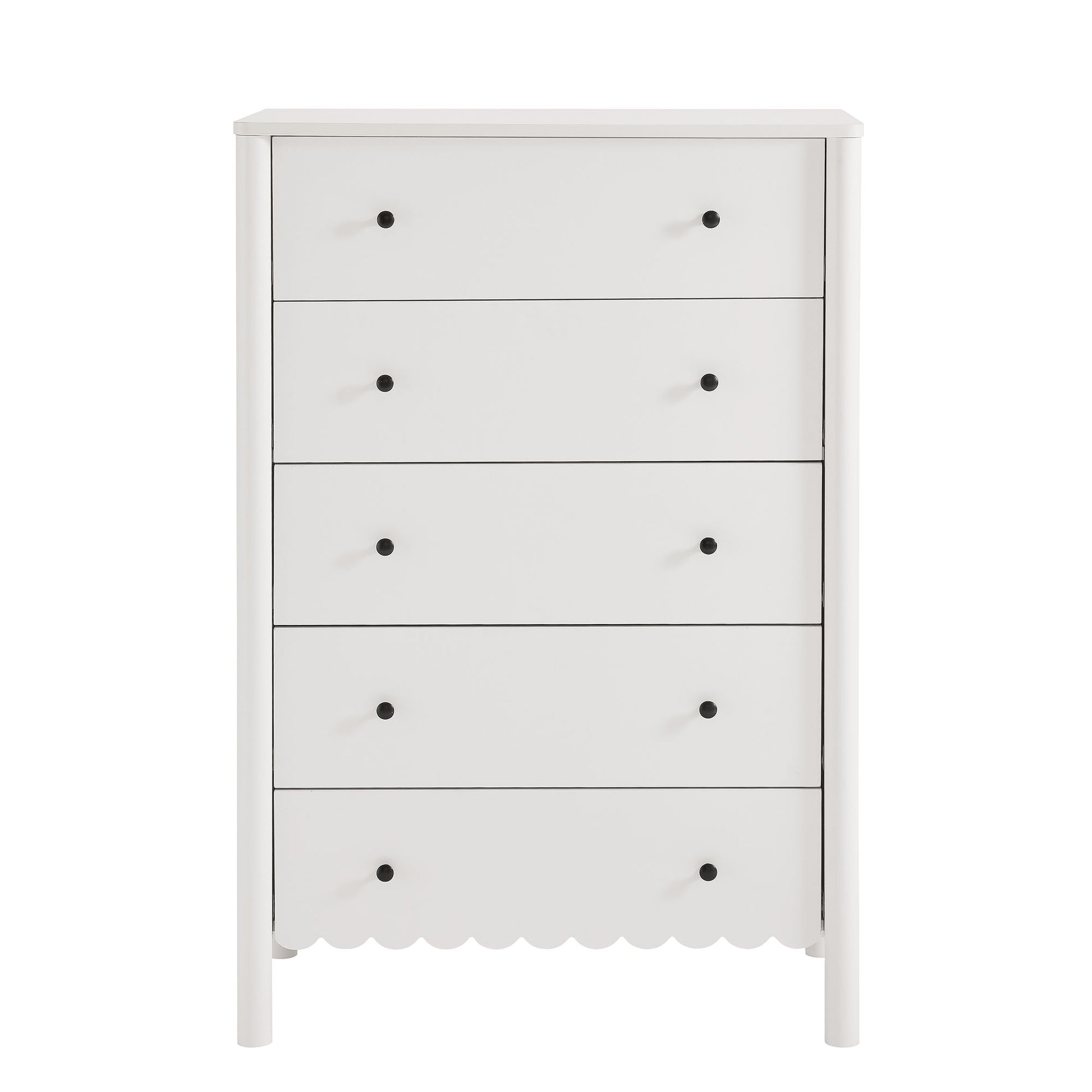 White wooden five-drawer chest with black knob handles and scalloped bottom edge.