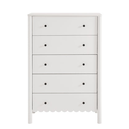 White wooden five-drawer chest with black knob handles and scalloped bottom edge.