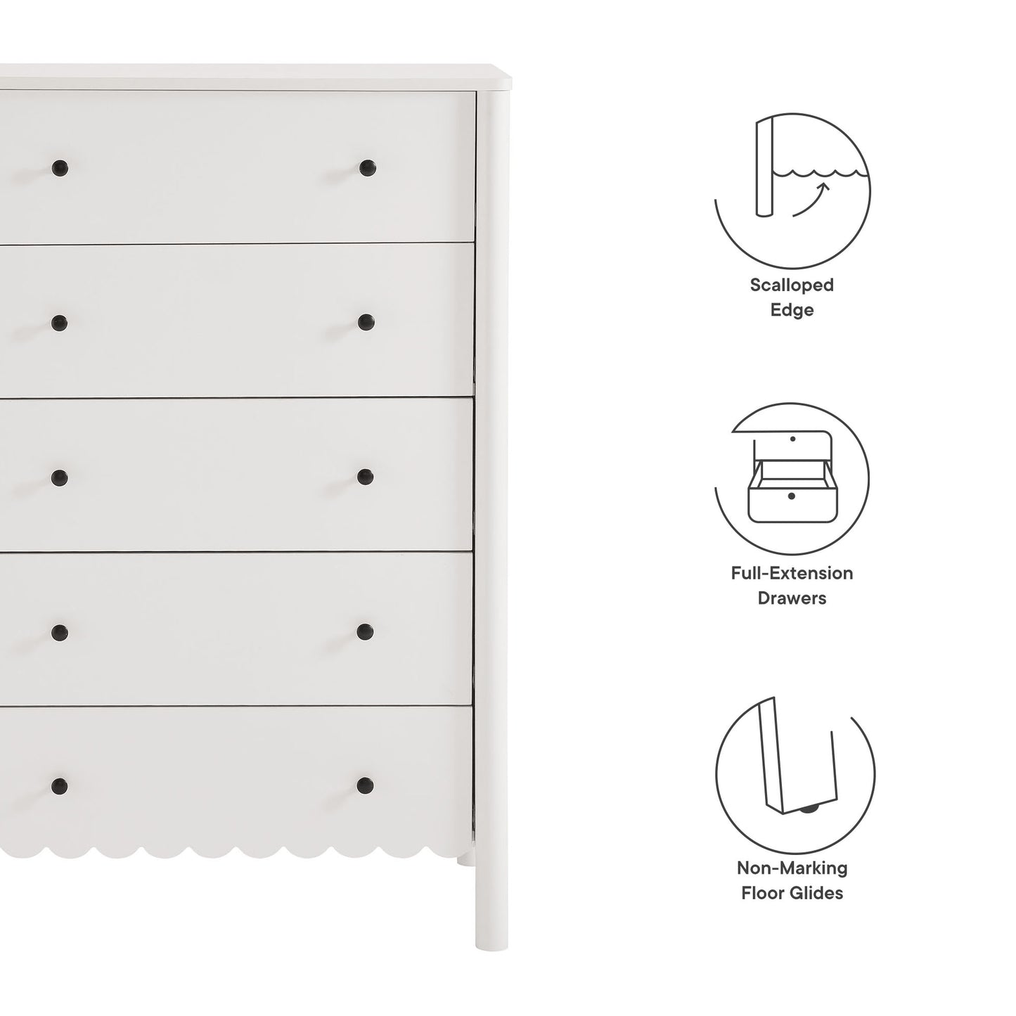 White wooden dresser with scalloped base, five drawers with black knobs, minimalist bedroom storage.