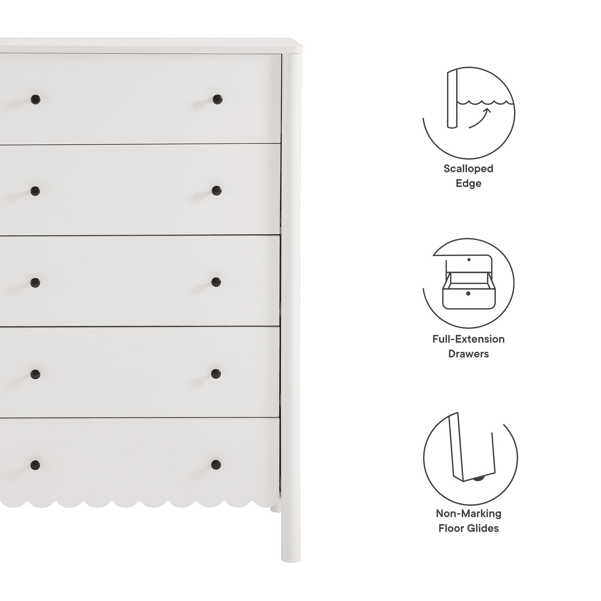 White wooden dresser with scalloped base, five drawers with black knobs, minimalist bedroom storage.