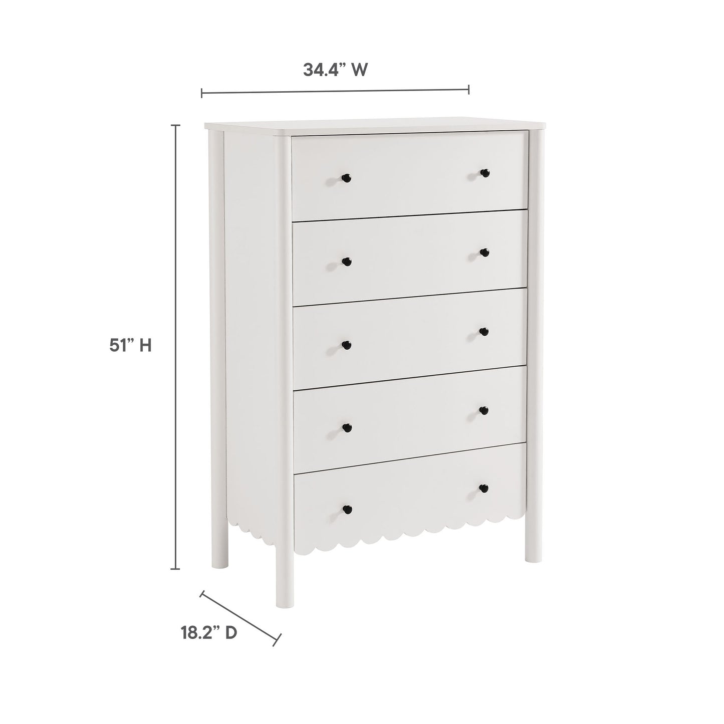 White wooden five-drawer dresser with round black knobs, scalloped bottom edge, tall bedroom storage.