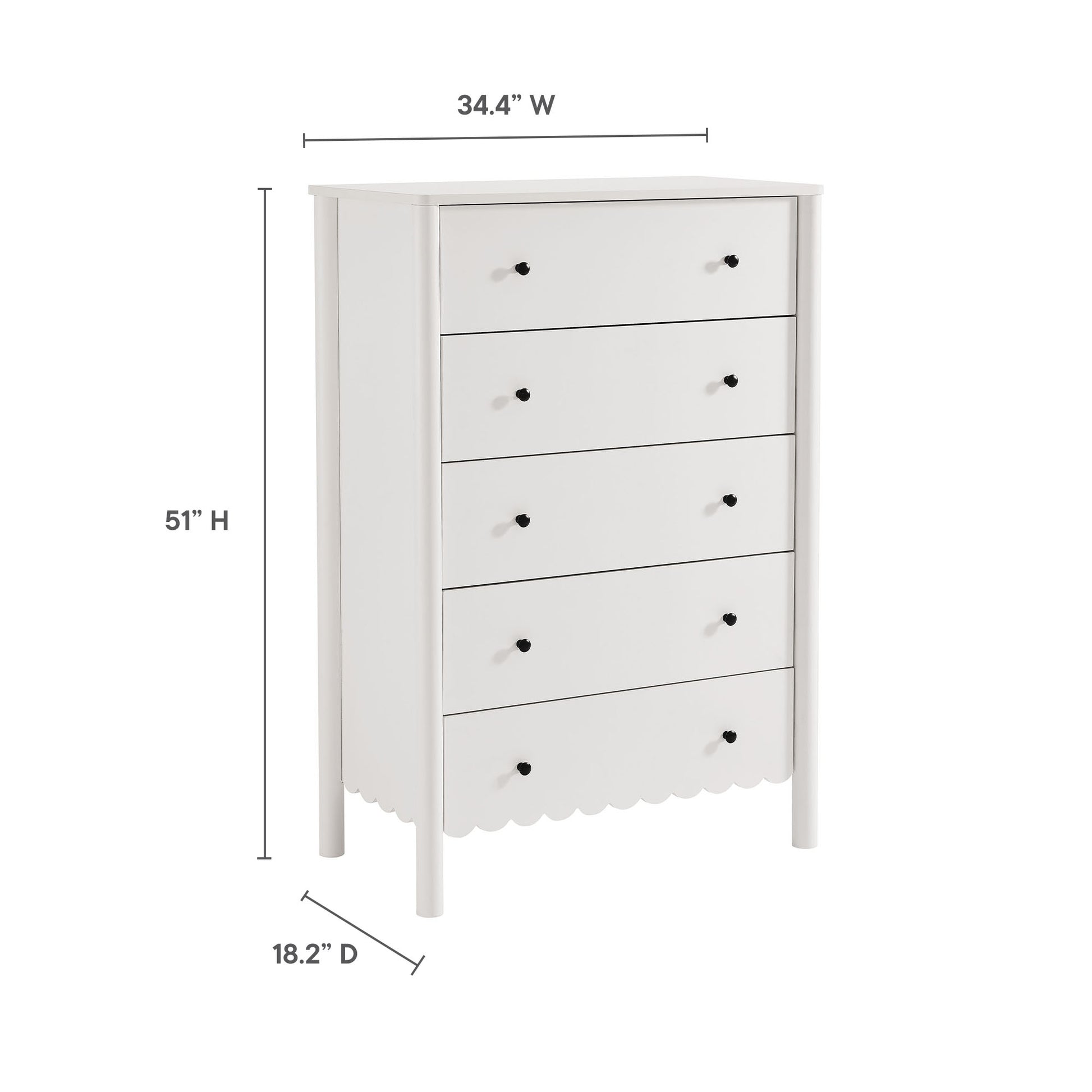 White wooden five-drawer dresser with round black knobs, scalloped bottom edge, tall bedroom storage.