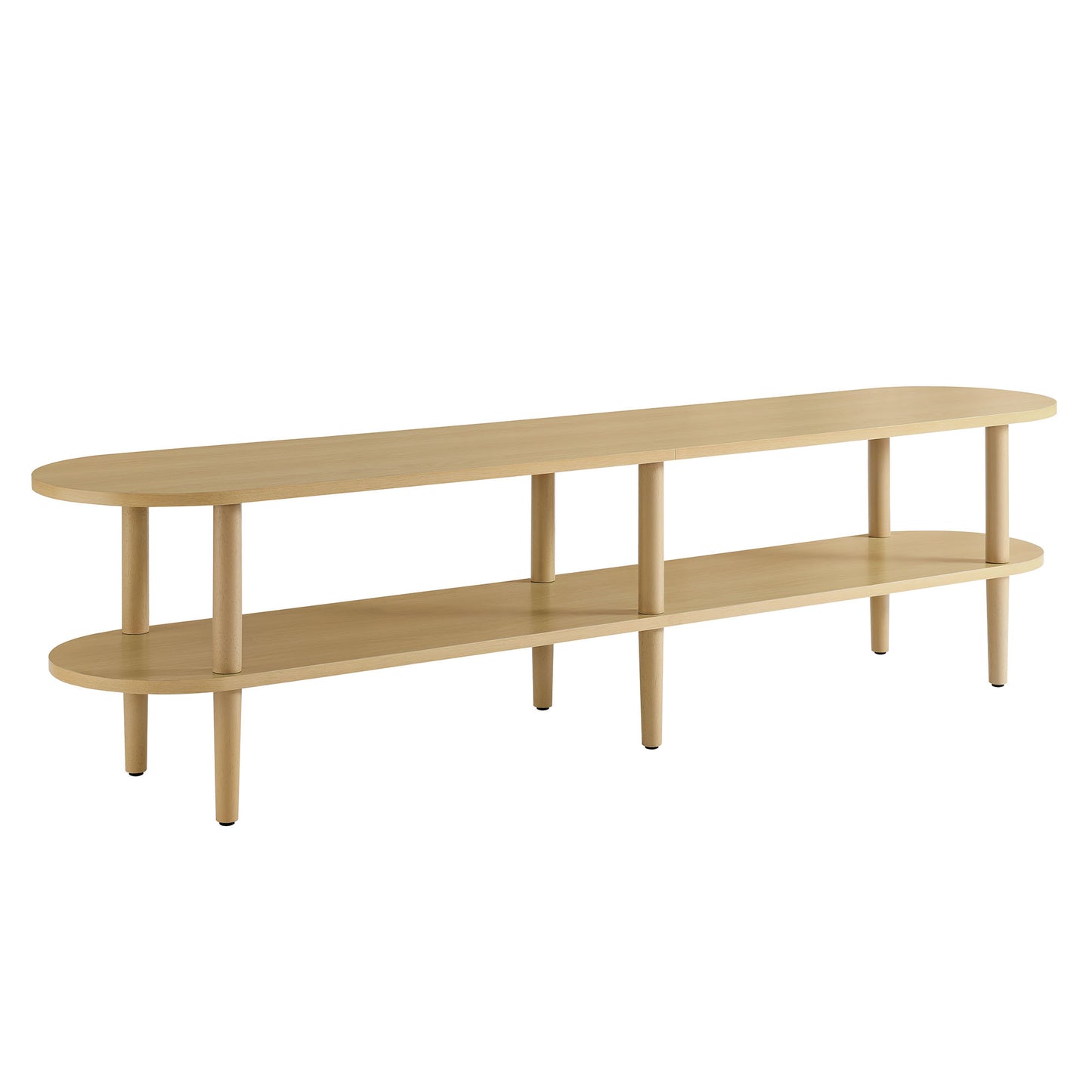 Oak-finish wooden TV stand with two-tier shelves, rounded ends, vertical supports and tapered legs.