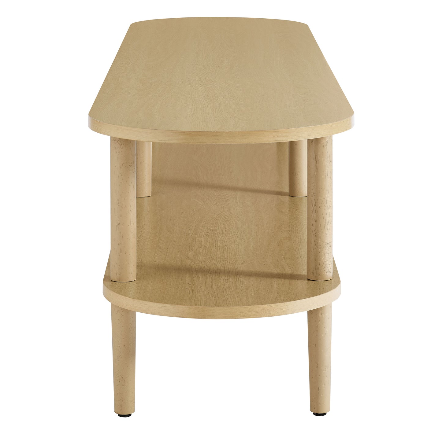 Oak finish two-tier oval wood TV stand with rounded top and circular lower shelf, supported by four cylindrical legs.