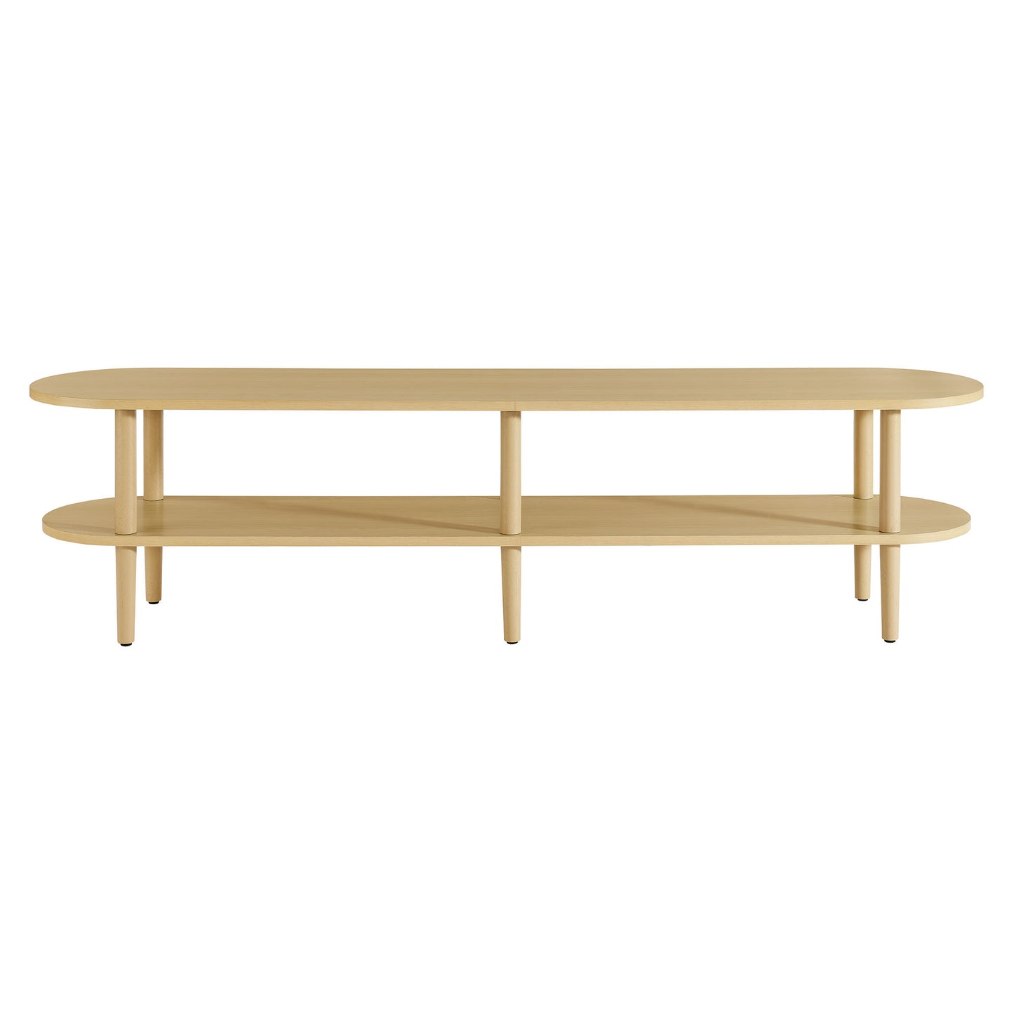 Natural oak oval two-tier TV stand with rounded ends and slender legs.