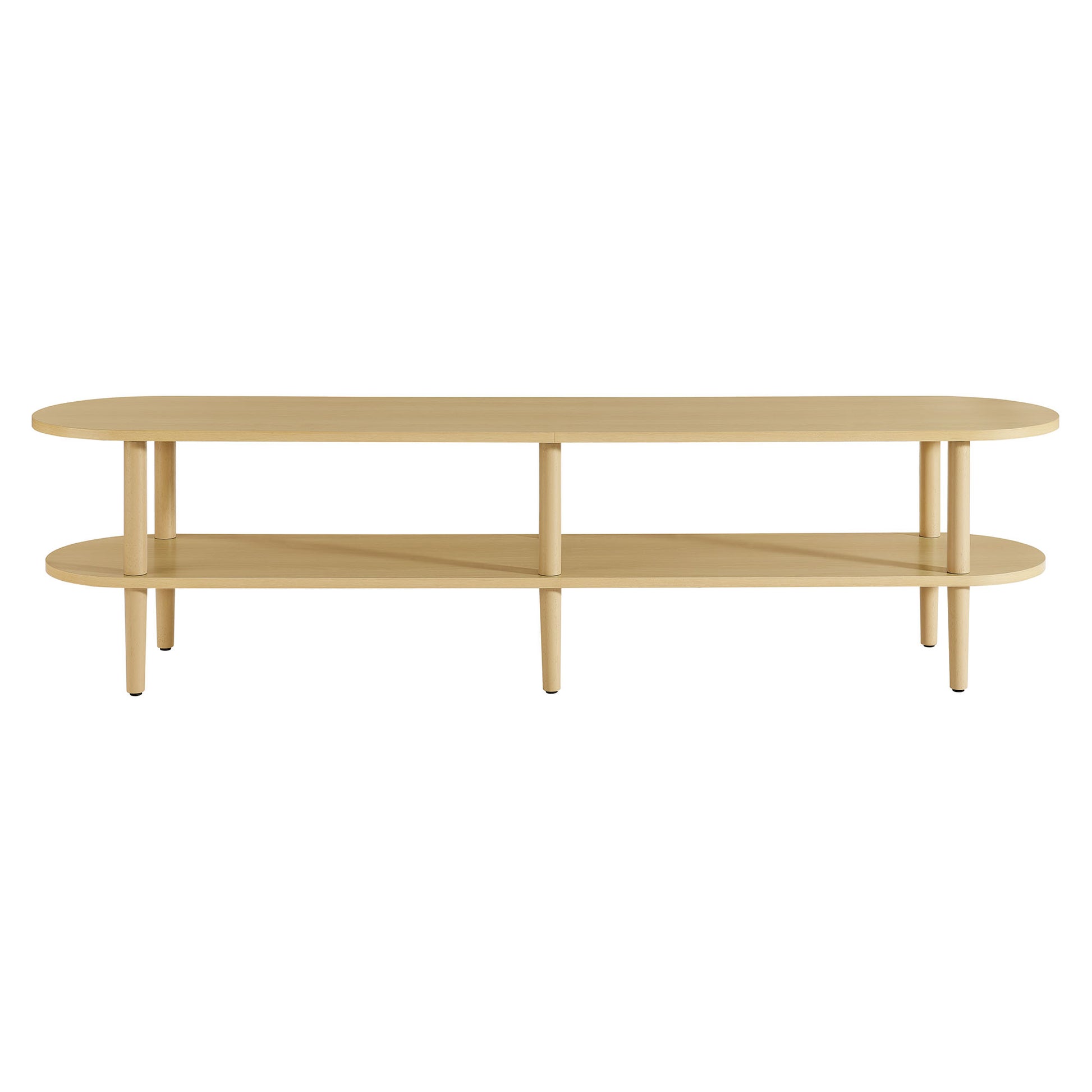 Natural oak oval two-tier TV stand with rounded ends and slender legs.