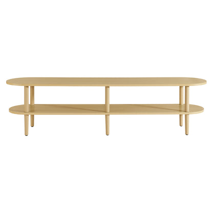Natural oak oval two-tier TV stand with rounded ends and slender legs.