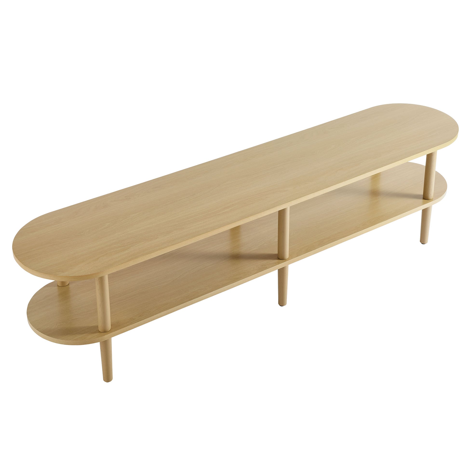 Light oak wood two-tier oval TV stand with rounded ends and slim vertical supports.
